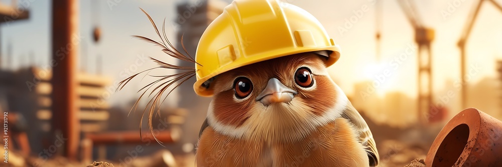 Bird wearing construction helmet blur constraction site. Bird wearing construction helmet blur constraction site.