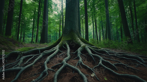 Wurzeln schlagen im übertragenen Sinne Baum miniatur in echter Welt mit Erde wächst aus der Handfläche Identität durch Stabilität finden Lebensgrundlage Generative AI photo