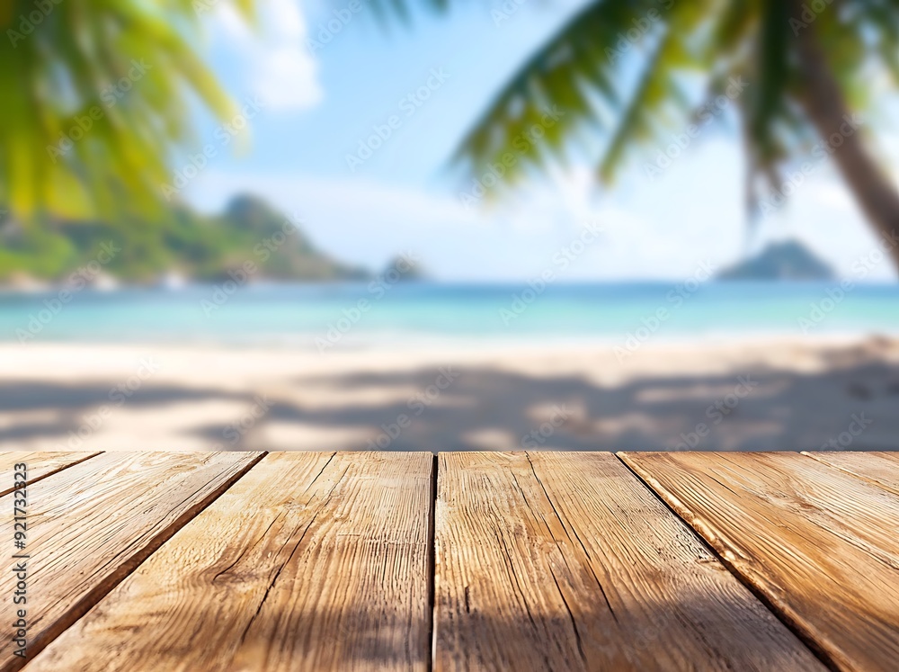 Fototapeta premium Rustic wooden tabletop with a blurred background of a tropical beach scene.