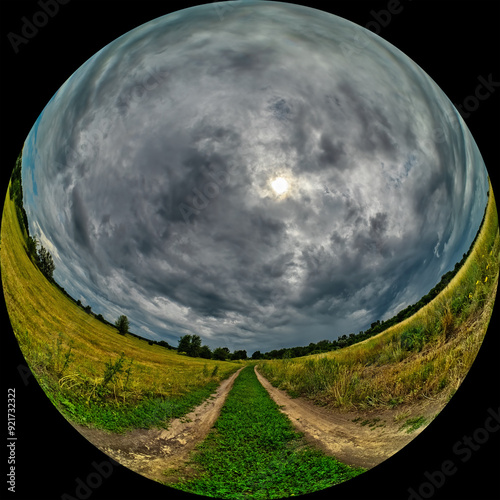Wide angle panoramic view of a country road to a grassy meadow. Scenic landscape with dramatic sky on a cloudy summer day. Panorama shot through a circular fisheye lens in fulldome HDR photo format