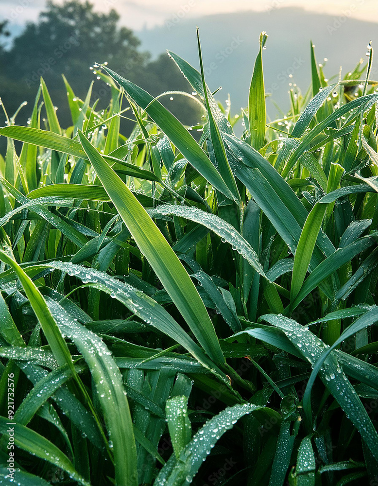 Obraz premium A closeup view of beautiful dew drops resting on lush green blades of grass, highlighting natures details beautifully