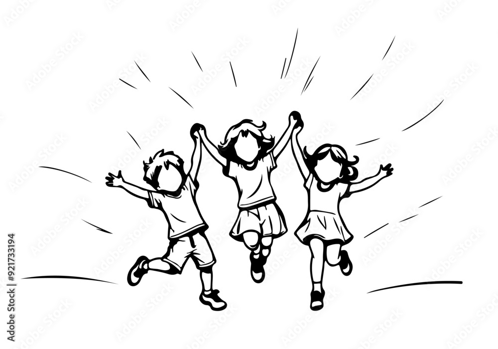 Fototapeta premium Happy Children Group Silhouette Vector Illustration. Stylish Modern Sketch Illustration of a Happy Kids Silhouettes. Child Playing Lifestyle