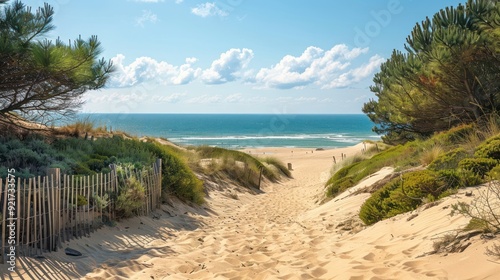 Sandy Path Leading to a Beach with Blue Water and Sky