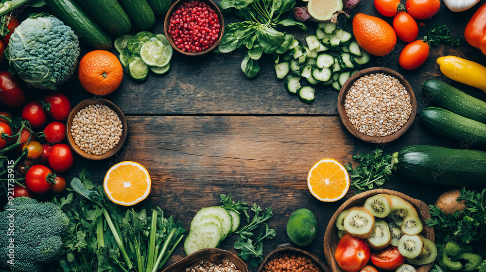 top-down view of a vibrant, colorful flat lay featuring an assortment of fresh fruits, vegetables, and grains arranged on a rustic wooden table. The food items are organic and beautifully arranged, h top-down view of a vibrant, colorful flat lay featuring an assortment of fresh fruits, vegetables, and grains arranged on a rustic wooden table. The food items are organic and beautifully arranged, h