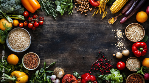  top-down view of a vibrant, colorful flat lay featuring an assortment of fresh fruits, vegetables, and grains arranged on a rustic wooden table. The food items are organic and beautifully arranged, h