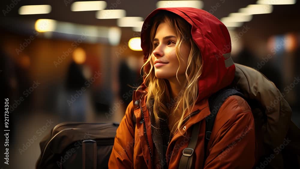A young traveler waiting in an airport terminal with a backpack on a rainy evening A young traveler waiting in an airport terminal with a backpack on a rainy evening