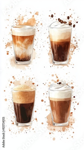 Hot and cold coffee beverage with watercolor decoration,iced cafe latte,Espresso,americano,cappuccino,Isometric Vector illustration blended coffee for logo,marketing,banner,menu cafe or coffee shop.