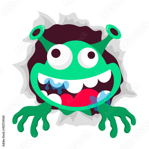 Cartoon style sticker of funny alien with weird smile  