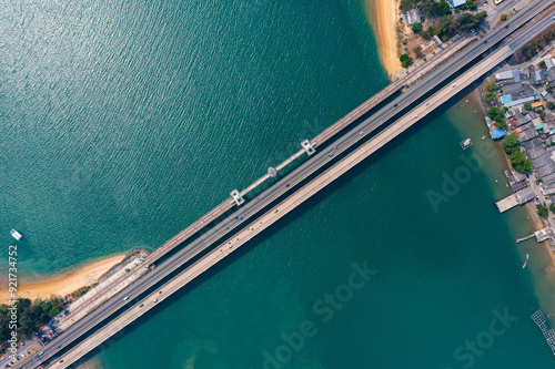 Aerial view of the bridge is across the blue ocean waters of the Sarasin Strait, connecting Phuket to the mainland. photo