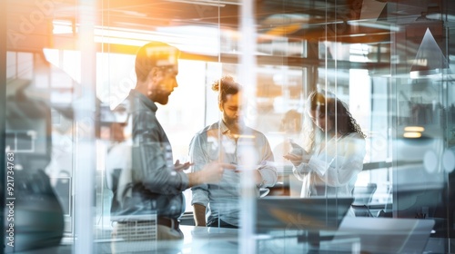 Business Team Collaborating in Modern Office with Reflections and Sunlight 