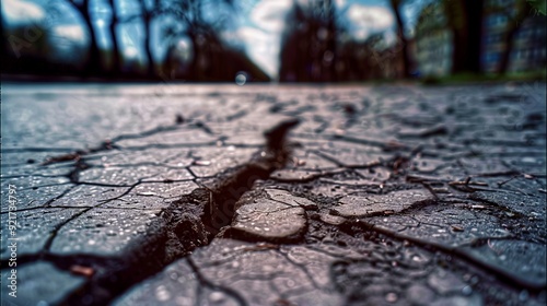 An autochrome pinhole camera photograph of cracked tarmac pavement in a European street photo