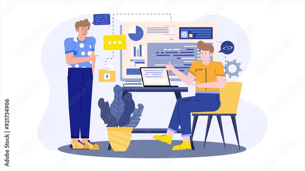 Two professionals engage in a discussion about project data illustration business animated video Two professionals engage in a discussion about project data illustration business animated video