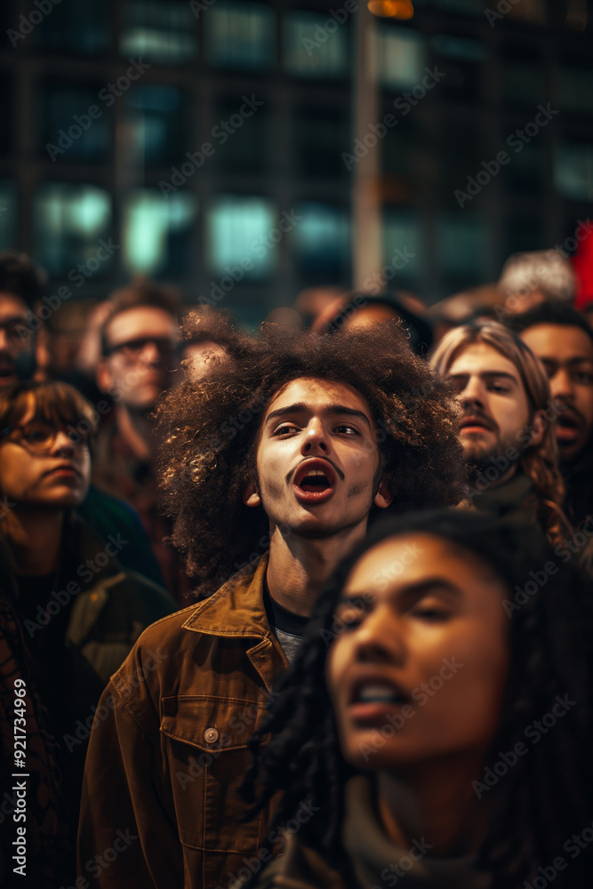 Diverse Group of People Protesting Outdoors at Night in Urban Setting Diverse Group of People Protesting Outdoors at Night in Urban Setting