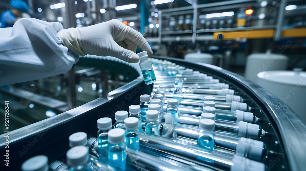 Industrial Conveyor Belt with Bottles of Blue Liquid - Photo Industrial Conveyor Belt with Bottles of Blue Liquid - Photo