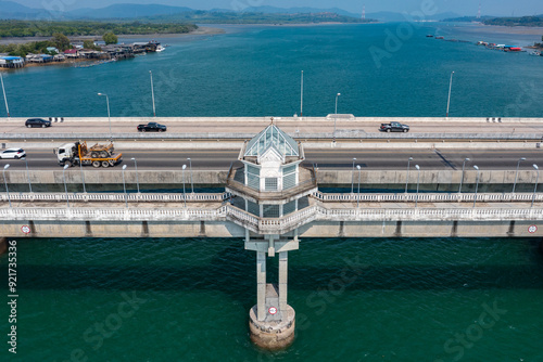 Aerial view of the bridge is across the blue ocean waters of the Sarasin Strait, connecting Phuket to the mainland. photo