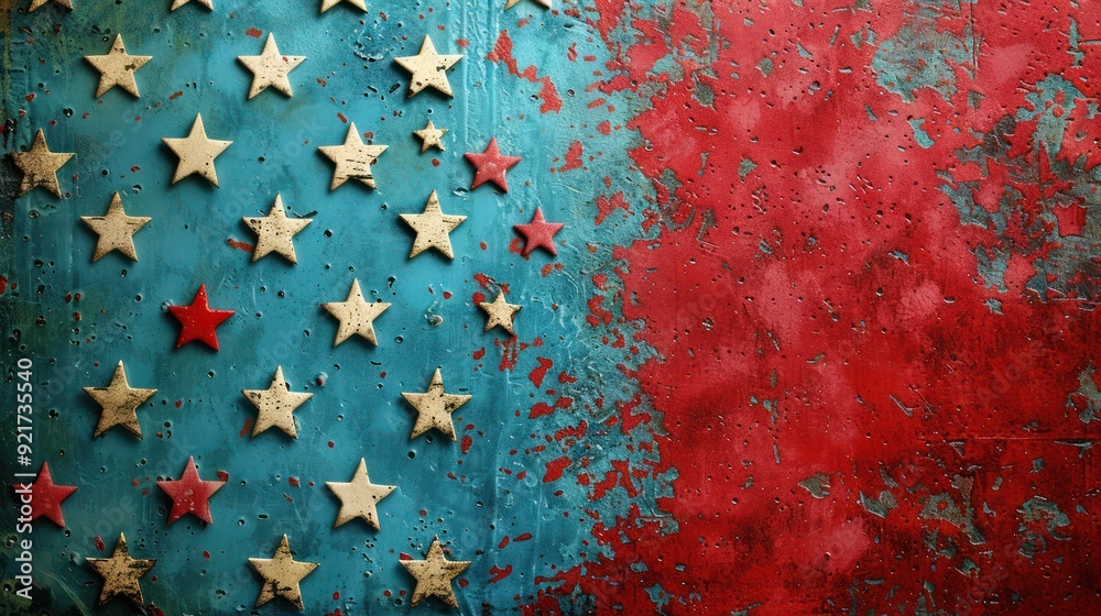 Obraz premium Distressed Blue and Red Surface with Star Shapes