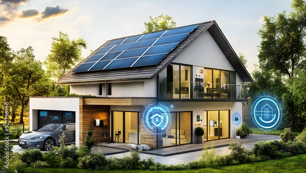Modern House with Solar Panels Installed on a Surrounding Roof Design Modern House with Solar Panels Installed on a Surrounding Roof Design