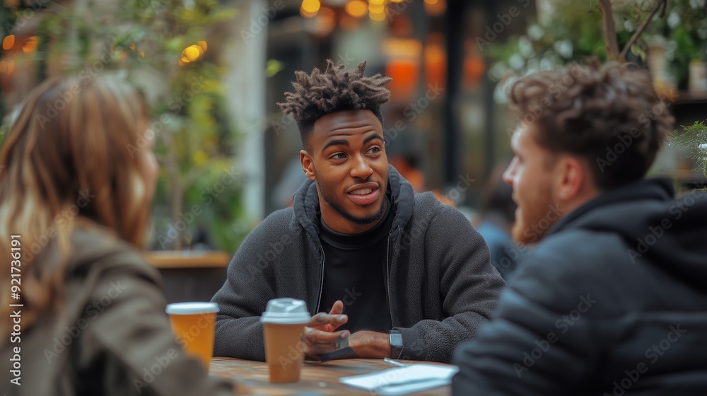 Fototapeta premium Friends gather to chat and share stories while sipping coffee at a relaxed café