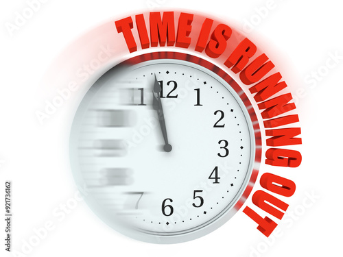 The clock face shows time running out on a white background. 3d rendering illustration