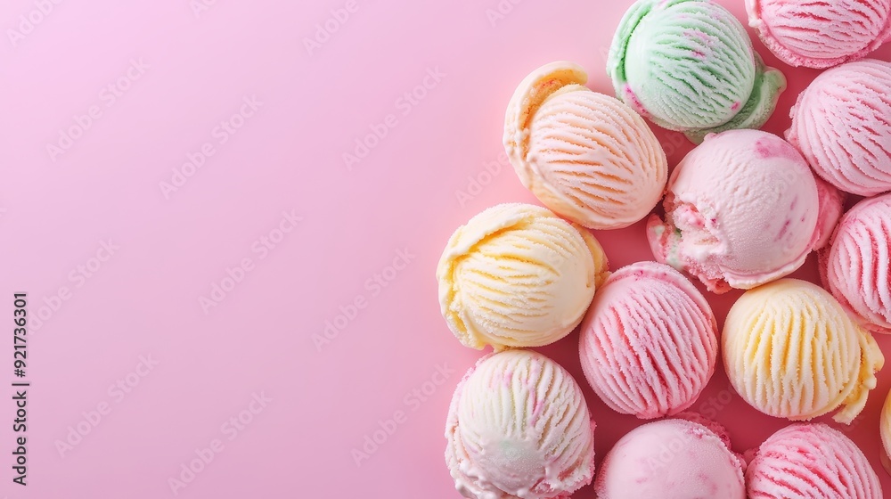 Delightful Pastel Ice Cream Scoops on Pink Background with Space for Text Delightful Pastel Ice Cream Scoops on Pink Background with Space for Text