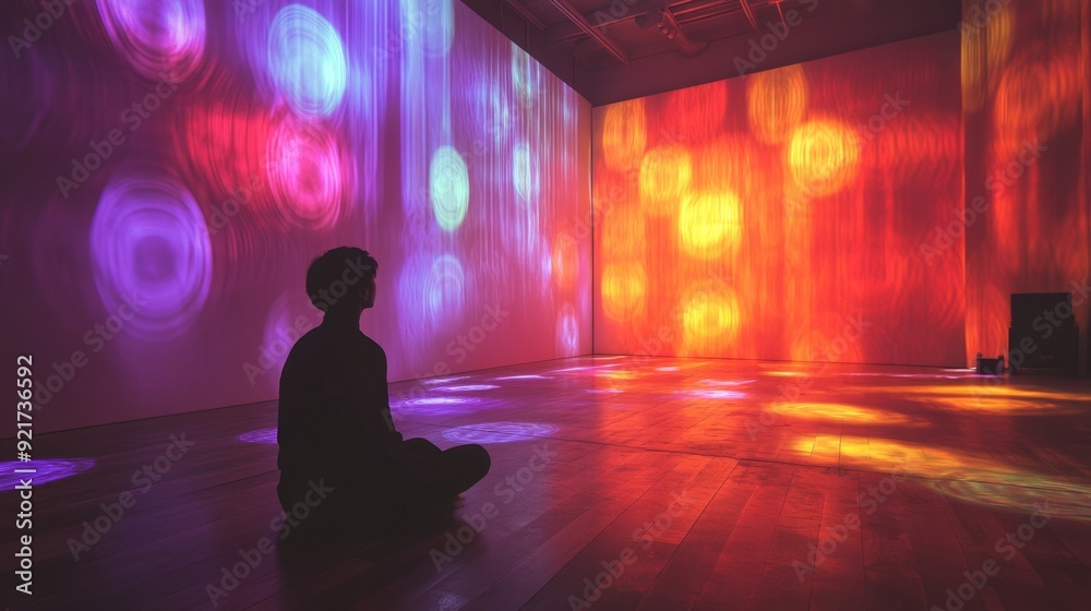 Silhouette of a Person in a Room with Colorful Projections. Silhouette of a Person in a Room with Colorful Projections.