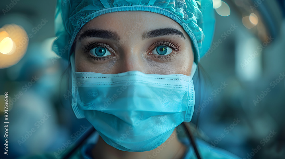 Closeup Portrait of a Female Doctor Wearing a Surgical Mask and Cap - Realistic Photo Closeup Portrait of a Female Doctor Wearing a Surgical Mask and Cap - Realistic Photo