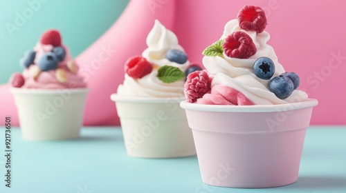 Sweet and Colorful Frozen Yogurt Delight on Pastel Background with Copy Space