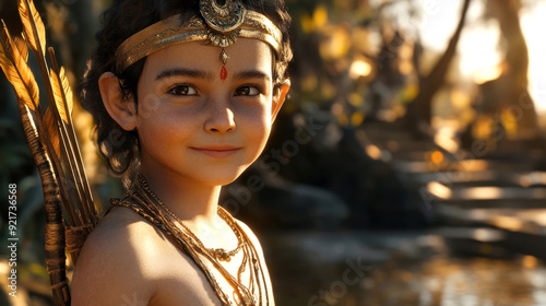 Close up portrait of Lord Rama as a child with bow and arrows, set against a nature background. Dussehra holiday celebrate