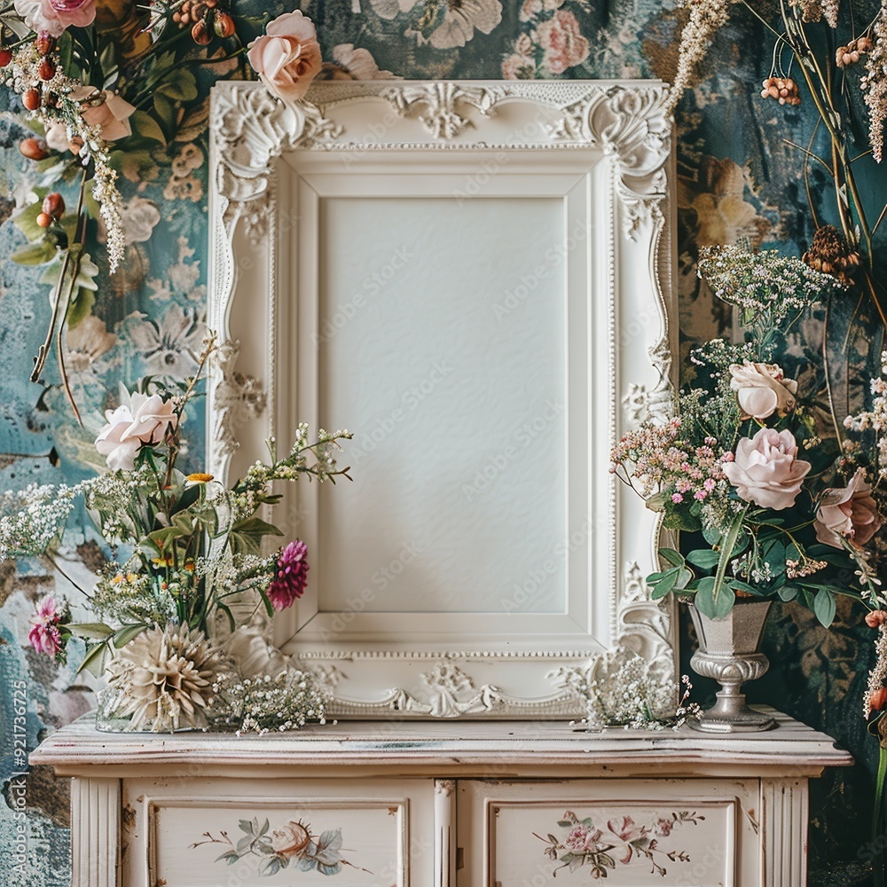Naklejka premium Ornate white frame with floral decorations on an antique dresser.