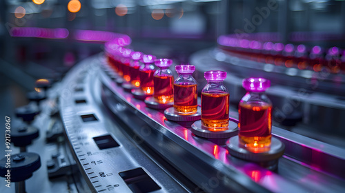 Conveyor Belt with Rows of Glass Vials Filled with a Clear Orange Liquid, Close-Up Photo