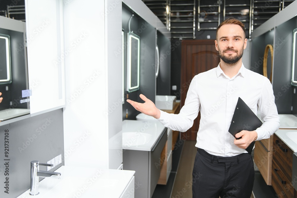 Happy salesman plumber man with paper tablet on plumbing shop Happy salesman plumber man with paper tablet on plumbing shop