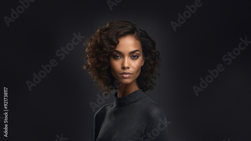 Radiant young Black American woman with flawless skin and natural beauty. Confident gaze, brunette with neat hair, studio shot with copy space. Ideal for beauty and cosmetic campaigns