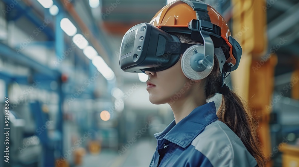 Beautiful woman engineer using virtual reality in modern manufacturing. Industry concept. copy space for text. Beautiful woman engineer using virtual reality in modern manufacturing. Industry concept. copy space for text.