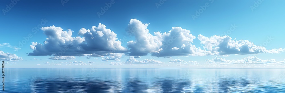 A panoramic view of a calm ocean with a blue sky and puffy white clouds. A panoramic view of a calm ocean with a blue sky and puffy white clouds.