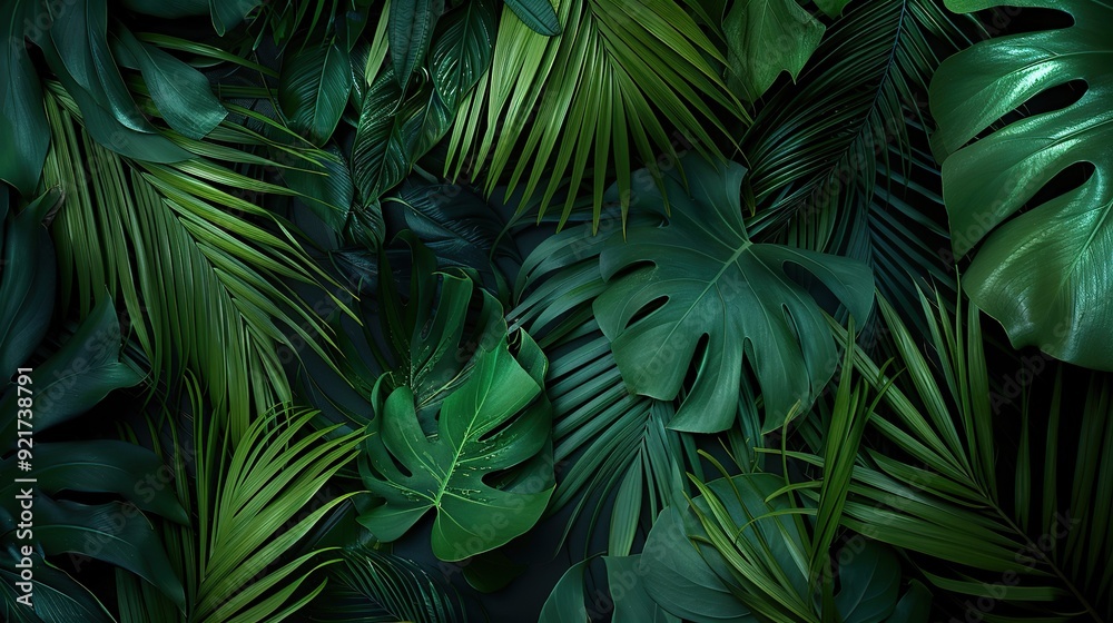 closeup nature view of green leaf and palms background. Flat lay, dark nature concept, tropical leaf. copy space for text. closeup nature view of green leaf and palms background. Flat lay, dark nature concept, tropical leaf. copy space for text.