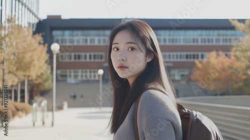 Young Woman with Backpack in a University Campus Setting 대학 캠퍼스에서 배낭을 멘 젊은 여성