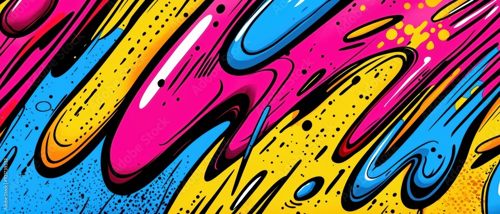 Fototapeta premium Vibrant abstract artwork featuring flowing colors of pink, blue, and yellow, creating a dynamic and energetic composition.