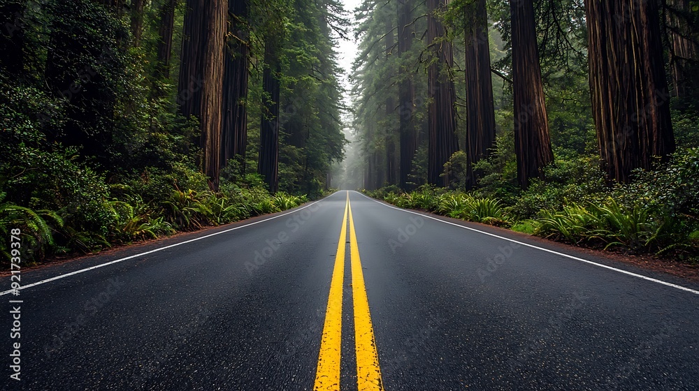 Fototapeta premium A winding road through a dense forest of redwood trees, with a thick fog rolling in.