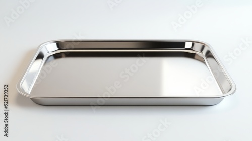 A shiny silver baking pan with a white background.