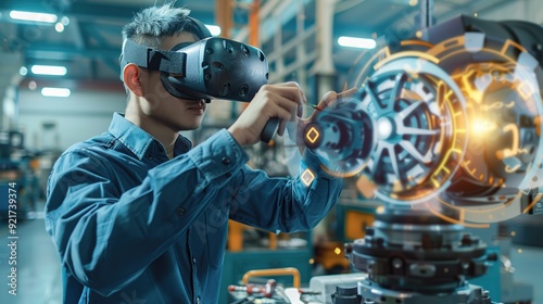 Engineer using virtual reality in modern manufacturing. Industry concept. copy space for text.