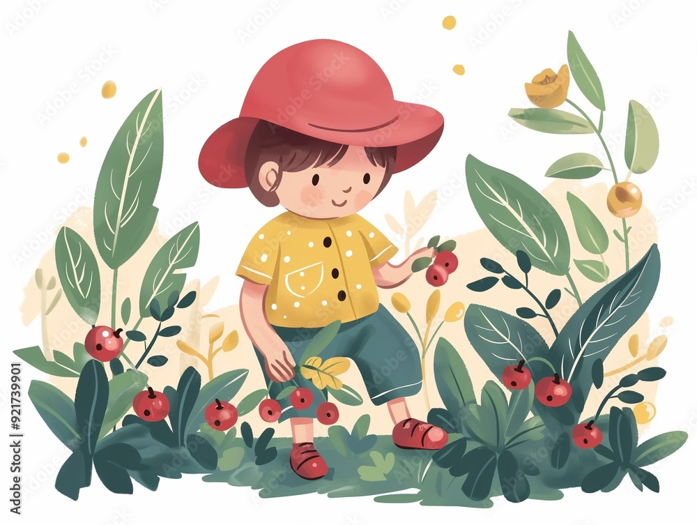 Naklejka premium Child picking berries illustration. AI generated