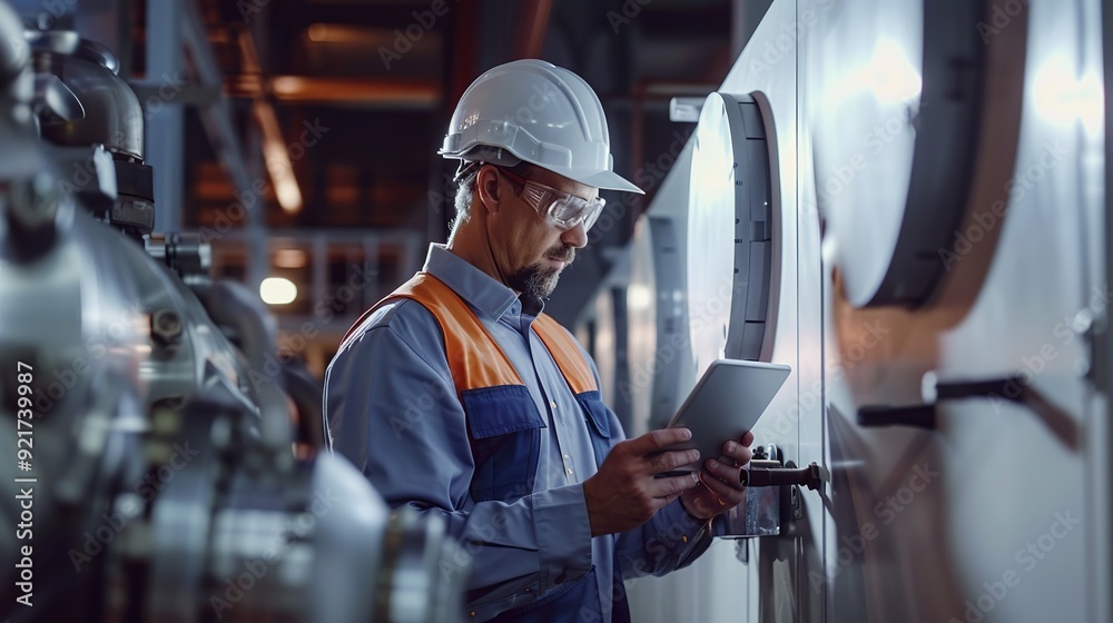 Handsome man Engineer Using Tablet for checking machinery Industrial Facility. industry concept. copy space for text. Handsome man Engineer Using Tablet for checking machinery Industrial Facility. industry concept. copy space for text.