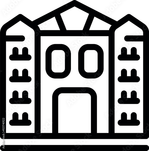 Simple black and white icon of a large building with many windows and balconies