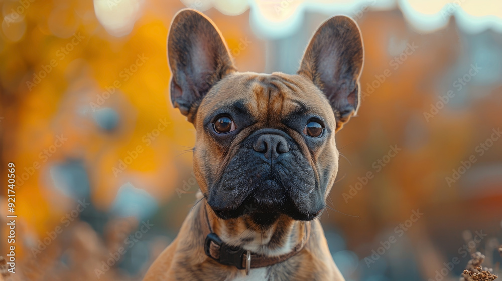 Obraz premium French Bulldog standing confidently against a backdrop of a cityscape. The dog's smooth coat, in shades of brindle or fawn, contrasts with the modern architecture and bustling streets