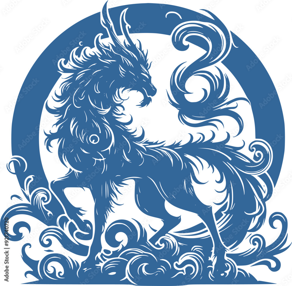 blue dragon kirin, isolated on white, Qilin the dragon of wise, editable stroke, ready for your design blue dragon kirin, isolated on white, Qilin the dragon of wise, editable stroke, ready for your design