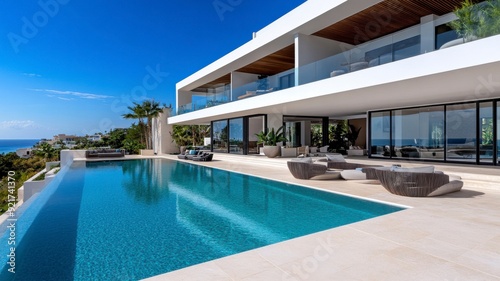 Modern villa with a stunning pool, surrounded by palm trees and sea views, ideal for luxury living and relaxation.