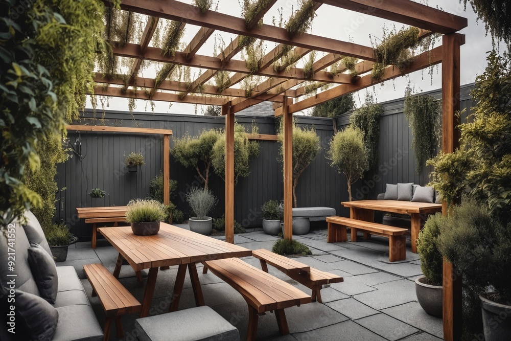 Fototapeta premium Outdoor Dining Area with Wooden Pergola and Greenery