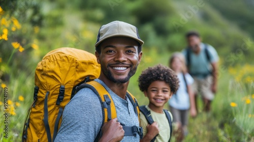 Happy Family Hiking In The Mountains.