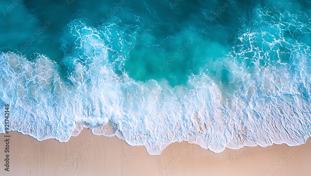 Aerial view of white foamy waves crashing on a sandy beach. Aerial view of white foamy waves crashing on a sandy beach.