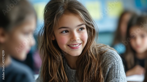 Portrait of a young girl smiling in class.